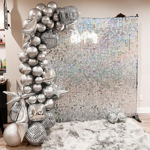 Vista 5 de EMART Telón de fondo de pared brillante plateado con lentejuelas, decoración de fondo de fotos para fiestas, cumpleaños, bodas, 12