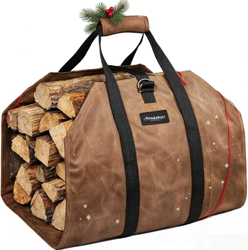 Vista 11 de Amagabeli - Bolsa de transporte de leña encerada, bolsa de transporte resistente para chimenea de leña grande con asas para camping, soporte