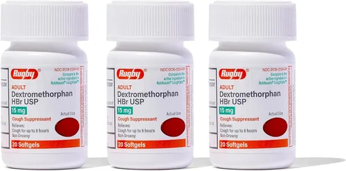 Vista 10 de Rugby Adult Dextromethorphan HBr USP 15 mg – Supresor de tos no somnoliento – Alivia la tos hasta 8 horas – 20 cápsulas blandas (paquete de 1)