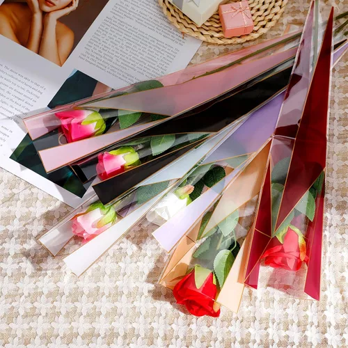 Vista 4 de Geyee 300 bolsas de envoltura de una sola flor con manga de rosa, bolsa de celofán floral de plástico impermeable para suministros de bar floral
