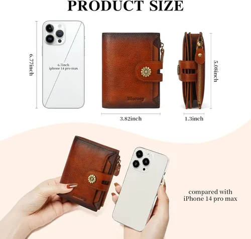 Vista 4 de Cartera de cuero con doble pliegue para mujer, bloqueo RFID, tarjetero compacto, cartera pequeña con ventana para identificación extraíble, A1