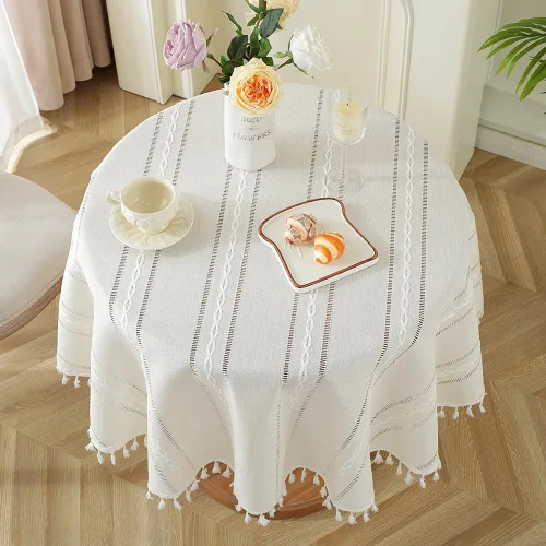 Vista 14 de meioro Mantel rústico, mantel rectangular de algodón texturizado de lino con borla, mantel de tela resistente para granja con bordado de rayas
