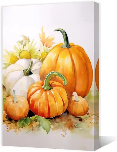 Vista 7 de QIXIANG Lienzo de otoño para pared, impresiones de imágenes de hojas de calabaza, imagen de otoño, decoración temática de Halloween, obra de arte