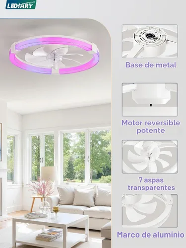 Vista 5 de LEDIARY Ventilador de techo con luz, lámpara de bajo perfil de 20 pulgadas Blanco