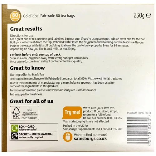 Vista 2 de Sainsbury's Té británico Gold Label 80 bolsitas de té Fairtrade de Inglaterra