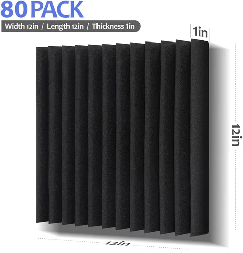 Vista 4 de Paquete de 80 paneles de espuma acústica, paneles de espuma a prueba de sonido de 1 x 12 x 12 pulgadas, paneles de absorción de sonido de alta