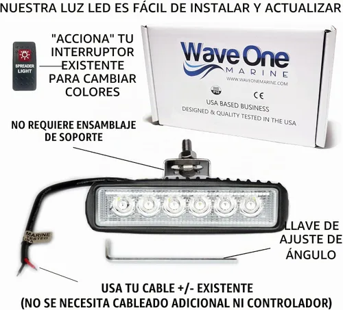 Vista 2 de Wave One Marine Luz LED de dos colores para barco, esparcidor de cubierta con haz de inundación, hardware y soporte de acero inoxidable IP68