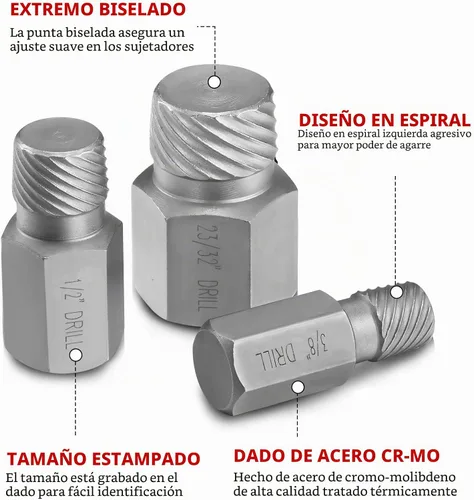 Vista 3 de Juego de 25 extractores de tornillos, extractores de salida fácil de múltiples splines CR-MO para quitar pernos rotos, pernos, tornillos de enchufe