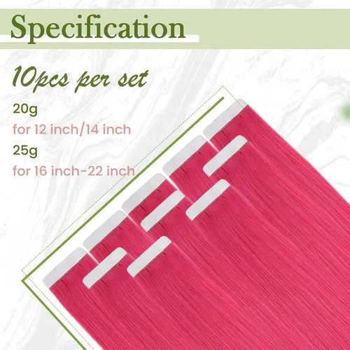 Vista 4 de RUNATURE - Extensiones de cabello humano con cinta color rosa intenso, 12 pulgadas, 0.71 oz, 10 unidades Hot Pink Human Hair Extensions Tape Ins