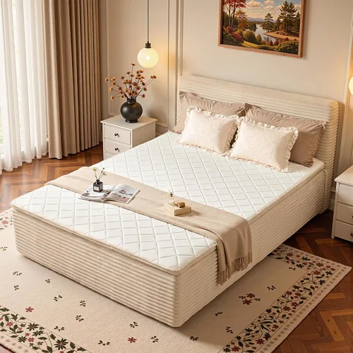 Vista 10 de Base de cama matrimonial sin hueso con cabecera de colchón, cama sin Beige