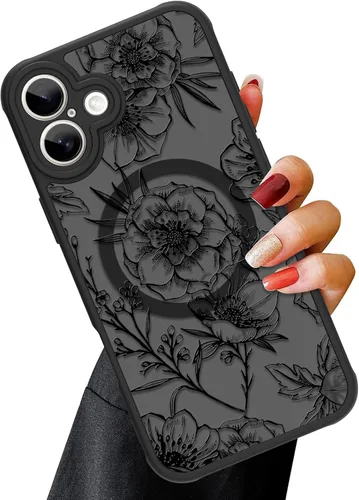 Vista 86 de OOK Funda magnética para iPhone 13 Pro Max [compatible con MagSafe] Funda delgada translúcida mate con flor silvestre negra, protección para lente