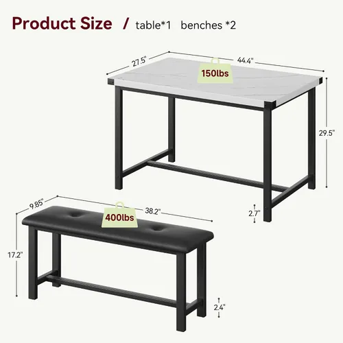 Vista 7 de IDEALHOUSE Juego de mesa de comedor para 4, mesa de cocina con 2 bancos tapizados, juego de mesa de comedor rectangular, juego de mesa de cocina