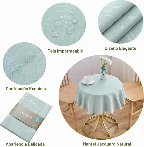 Vista 2 de Mantel Redondo Aqua Jacquard Pequeño de 40 Pulgadas, Manteles para Mesas de hasta 26" de Diámetro, Impermeable, Lavable, Sin Arrugas, Tela Suave