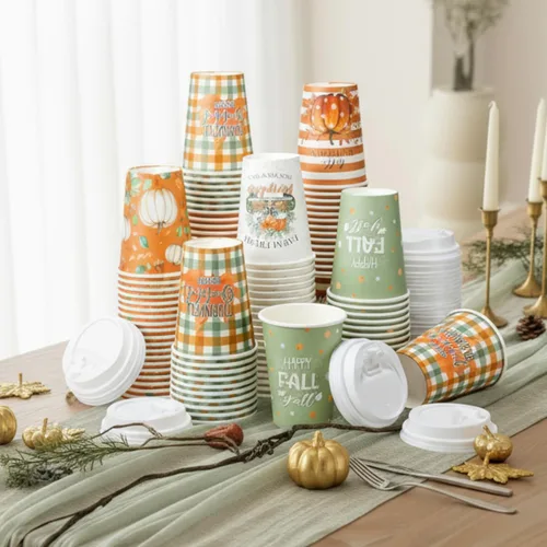 Vista 13 de Gerrii Juego de 100 vasos de papel de Navidad desechables de 12 onzas con tapas, tazas de chocolate caliente, tazas de café, tazas calientes