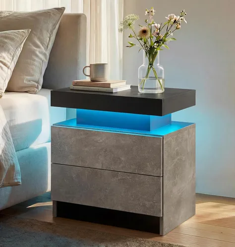 Vista 22 de Generic Juego de 2 Mesitas de noche con 2 cajones, mesa de noche con cajones para muebles de dormitorio, mesa auxiliar con luz LED, color negro