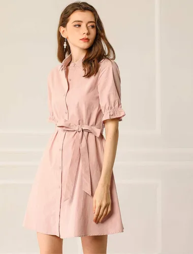 Vista 3 de Allegra K Womens 2023 Summer Ruffled Short Sleeve Cotton Solid Color Belted Button Down Shirt Dress