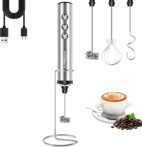 Vista 9 de Philorn - Varilla espumadora de leche recargable eléctrica de mano, batidor mini para café con leche, capuchino, frappé, matcha, chocolate caliente