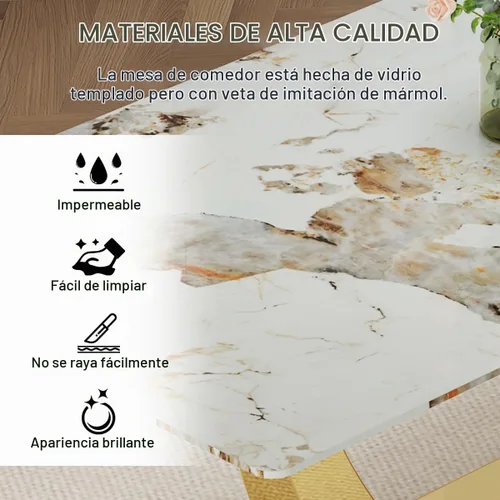 Vista 6 de Juego de mesa de comedor de mármol sintético para 6, mesas de comedor rectangulares para 6, mesa de cocina dorada y 6 sillas de piel sintética