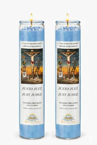 Vista 5 de Casa de Bendiciones Justo JUEZ- Judge JUST - Vela de oración fija con cuarzo, azul, 6 onzas, perfumada