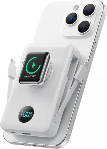 Vista 9 de Cargador portátil magnético para MagSafe con cable integrado, cargador para iWatch, banco de energía inalámbrico de 10800mAh, artículos esenciales
