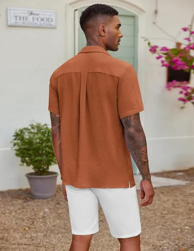 Vista 4 de COOFANDY Camisa casual con botones para hombre, manga corta, texturizada, para verano, para playa cubana