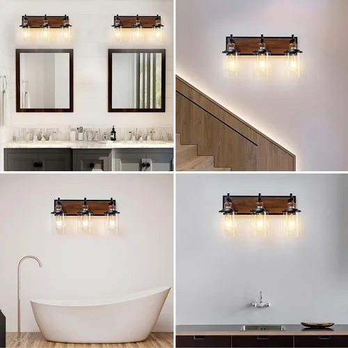 Vista 7 de Lanhall Lámpara de baño de 3 luces, estilo granja, vintage, sobre espejo, de metal pintado en madera y negro con pantalla de cristal, enchufe E26