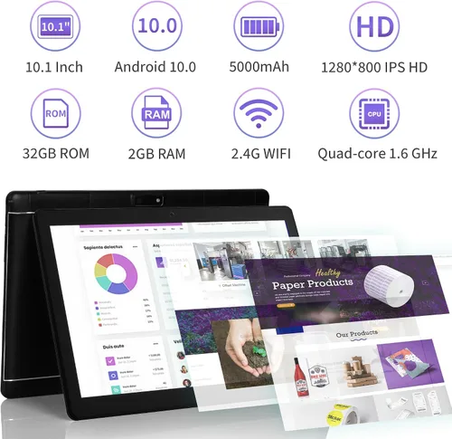 Vista 2 de Veidoo Tableta Android, 2+32GB, admite expansión de tarjeta SD, con WiFi, Bluetooth, cámaras duales, pantalla táctil de alta definición IPS de 10