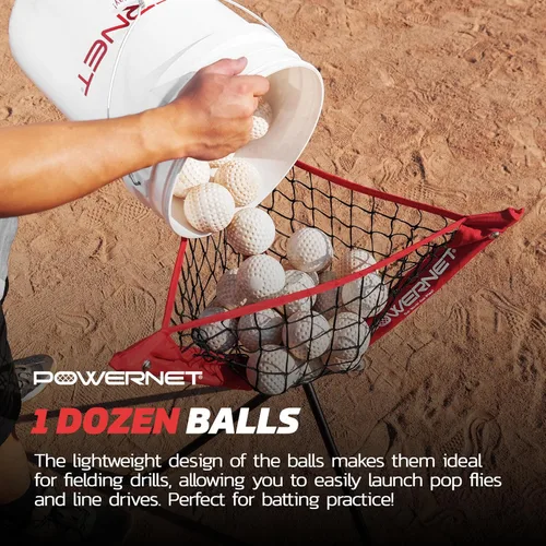 Vista 6 de PowerNet Launch F-lite Softball & Baseball Pitching Machine, Dimpled Practice Balls, Bucket of Baseballs, Coaching Bucket Bundle for Pitching