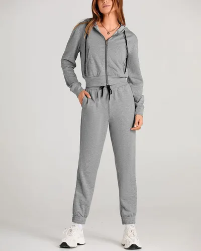Vista 4 de Amkoyam Conjunto de dos piezas para mujer, de manga larga, con cremallera, sudadera con capucha y pantalones largos