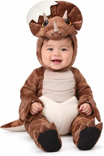 Vista 2 de Fun Costumes Infant Hatching Triceratops Dinosaur Costume for Babies with Eggshell Jumpsuit, Headpiece, Tail & Mitts
