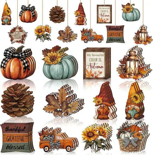 Vista 12 de FairySandy 36 piezas de decoración y adornos de árbol de otoño, gnomos de Acción de Gracias, adornos colgantes de madera, calabazas, hojas, flores