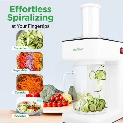 Vista 2 de NutriChef Picador eléctrico 3 en 1 de verduras, espiralizador y máquina de ensaladas, cortador de frutas, máquina trituradora en espiral, máquina