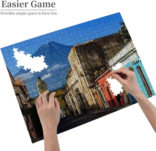 Vista 4 de Famoso rompecabezas de 500 piezas con vista de arco y volcán de Antigua Guatemala, juego de rompecabezas desafiante y estimulante, arte de pared