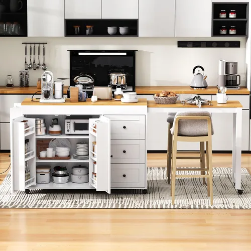 Vista 12 de RUNNA Isla de cocina acanalada de 82.6 pulgadas con mesa de comedor extensible para 4-6, mesa de isla para cocina con toma de corriente, mesa