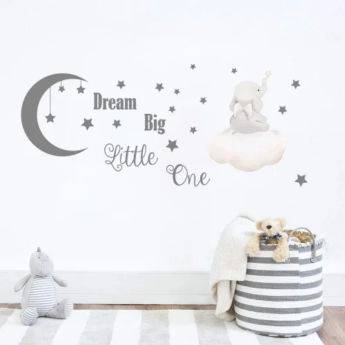 Vista 2 de Runtoo Calcomanías de pared Dream Big Little One con citas inspiradoras de elefante, calcomanías de pared para dormitorio, sala