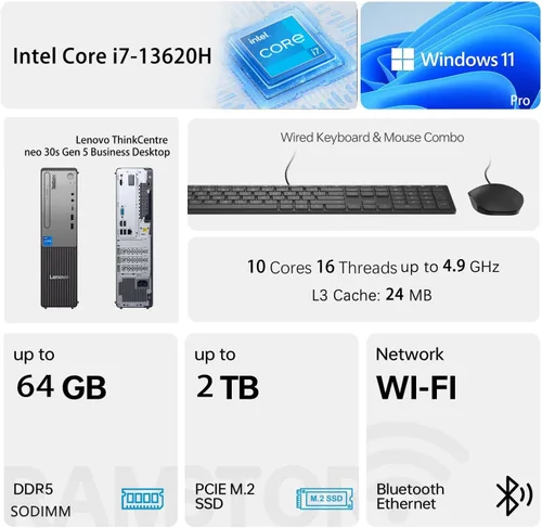 Vista 2 de Lenovo ThinkCentre - Escritorio empresarial de factor de forma pequeño, Intel Core i7-13620H de 13ª generación, DDR5 de 32 GB, SSD de 1 TB, HDMI
