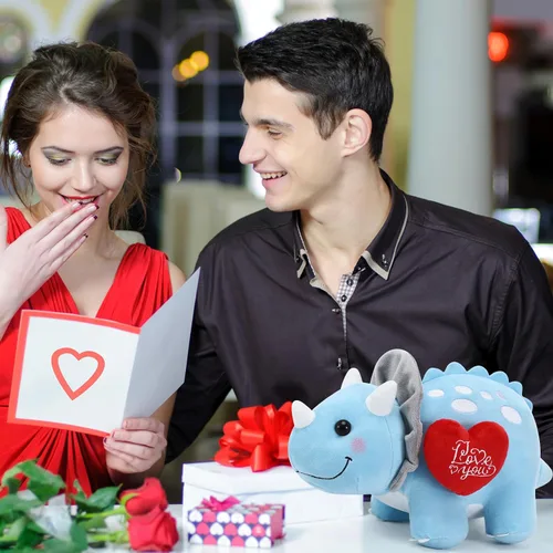 Vista 5 de Syhood Dinosaurio de peluche Love You de 12 pulgadas con corazón rojo, lindos animales de peluche para novia, juguetes de peluche de dinosaurio azul
