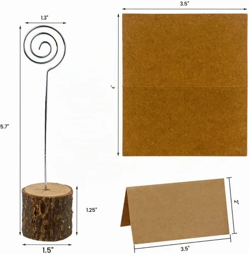 Vista 2 de 20 soportes de madera para tarjetas de lugar, soportes de madera rústica para números de mesa y 30 tarjetas de lugar de papel Kraft, tarjetas
