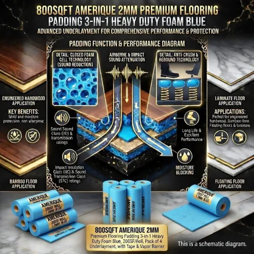 Vista 4 de AMERIQUE 800SQFT 4ª generación azul de 0.079 in de grosor para suelo de espuma resistente 3 en 1 con cinta y barrera de vapor