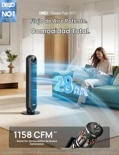 Vista 2 de DREO Ventilador de torre para dormitorio, velocidad de 28 pies/s