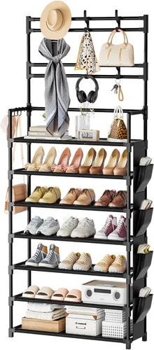 Vista 11 de Zapatero de 5 niveles, organizador de zapatos de almacenamiento de 15-20 pares, zapatero para entrada de clóset, organizador de zapatos con ganchos