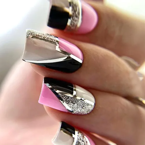 Vista 18 de 24 uñas postizas cuadradas de color negro brillante, de cobertura completa, con diseños de notas musicales, uñas postizas acrílicas con pegamento