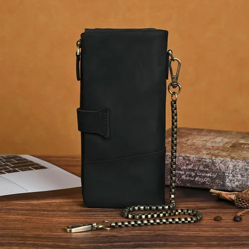 Vista 88 de Genuino Caballo Loco Cuero Regalo de Viaje Moneda Bolsillo Tarjetero Organizador Largo Cadena Rfid Cartera Monedero Con Broche Para Hombres Hombres