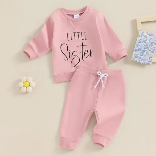 Vista 3 de Conjunto de ropa de bebé para niña, para hermana pequeña, color liso, suéter para otoño e invierno
