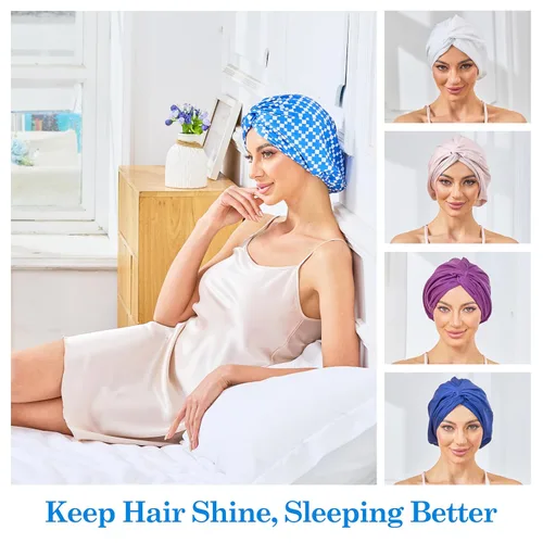 Vista 12 de Gorro de satén de seda ajustable para envolver el cabello para dormir, gorro de dormir de doble capa, turbante nocturno para cabello largo y rizado