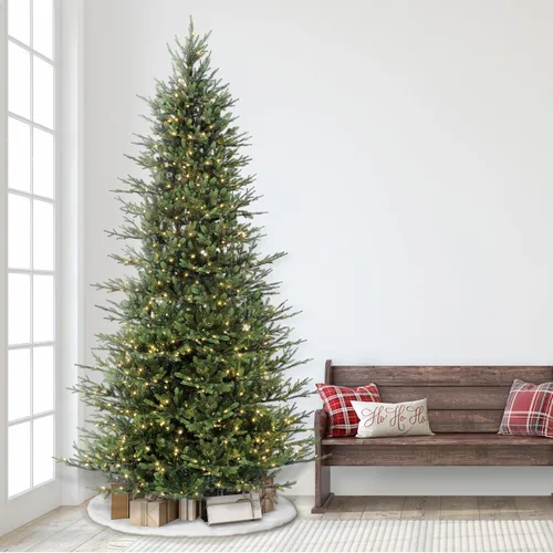 Vista 3 de Puleo International Árbol de Navidad artificial de abeto bálsamo delgado preiluminado de 9 pies con 800 luces transparentes