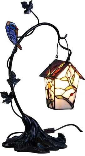 Vista 9 de Bieye L10782 - Lámpara de mesa estilo Tiffany con vitral en forma de casa de pájaro para decoración del hogar (17.8 cm de alto, libélula)