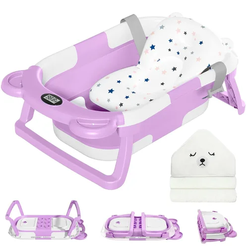 Vista 15 de MoreFeel Bañera plegable para bebé recién nacido con termómetro y 1 toalla con capucha y 1 cojín flotante suave, bañera de viaje portátil