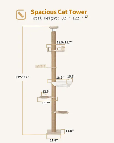 Vista 4 de Aechonow 9.8ft Floor to Ceiling Cat Tree for Large Cats, 5-Tier Cat Tower Adjustable Height(88-119 in), Cozy Hammock, Multi-Level Perches, Modern