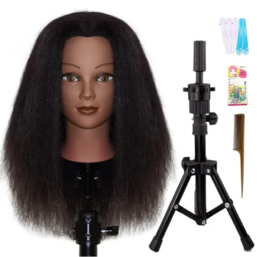 Vista 8 de Cabeza de maniquí afro rizado 100% cabello humano real, (10 pulgadas) negro para trenzado manual, práctica de peinado, peluquería, escuela, maniquí
